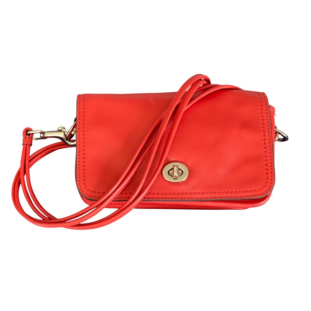 Coach Penny Coral Red Leather Crossbody Bag Turnlock